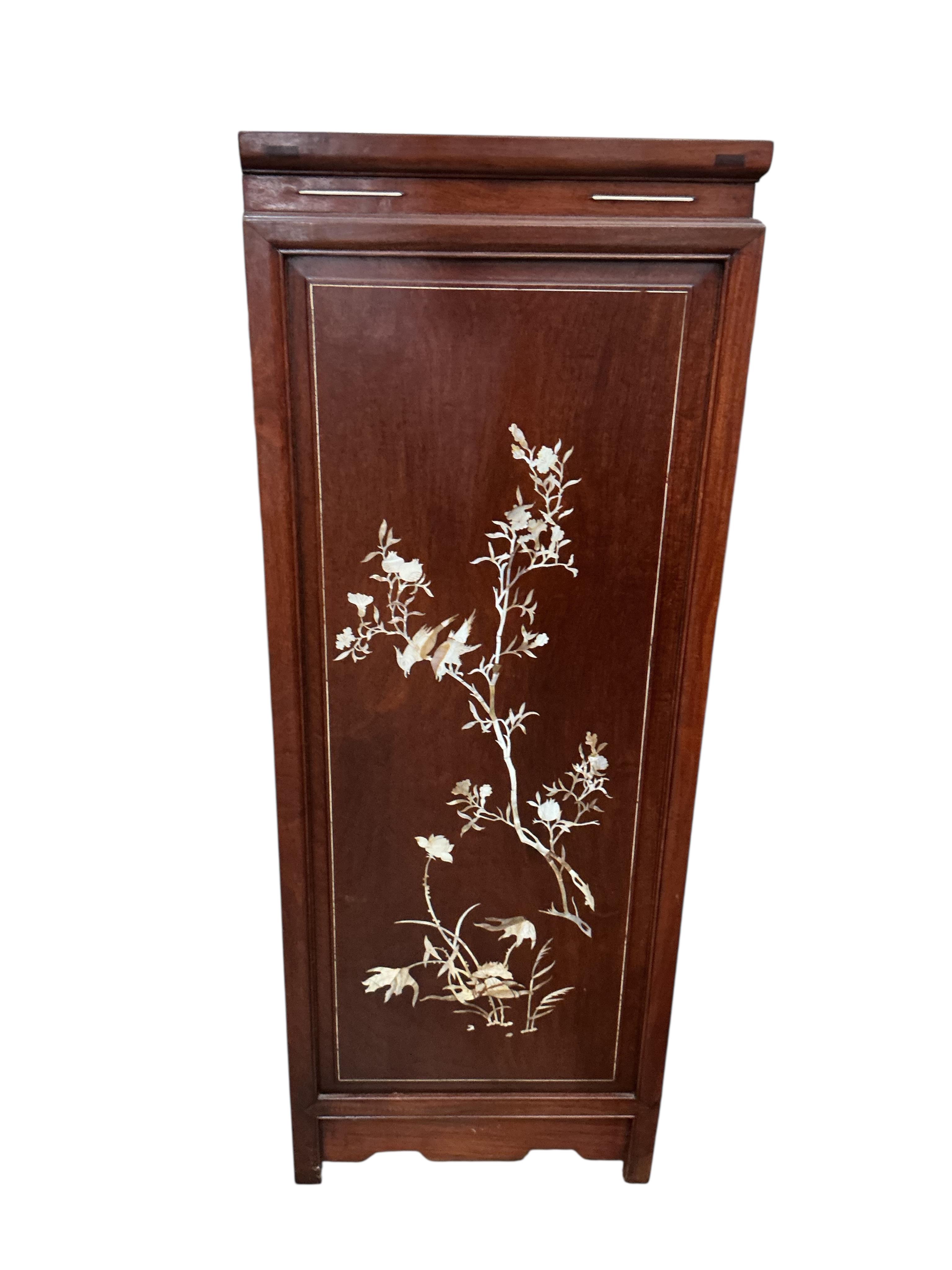 A Chinese mother of pearl inlaid hardwood side cabinet, width 91cm, depth 46cm, height 122cm